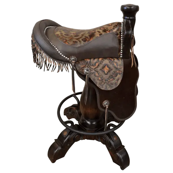 The Chaps Saddle Barstool features full-grain leather, embossed Western patterns, copper conchos, and a 180° swivel wooden base. A handcrafted Western saddle barstool that celebrates cowboy craftsmanship and the artistry of the American frontier.