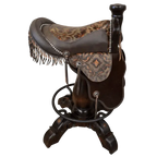 The Chaps Saddle Barstool features full-grain leather, embossed Western patterns, copper conchos, and a 180° swivel wooden base. A handcrafted Western saddle barstool that celebrates cowboy craftsmanship and the artistry of the American frontier.