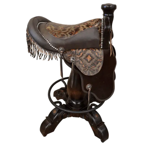 The Chaps Saddle Barstool features full-grain leather, embossed Western patterns, copper conchos, and a 180° swivel wooden base. A handcrafted Western saddle barstool that celebrates cowboy craftsmanship and the artistry of the American frontier.