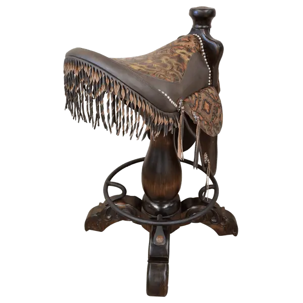 The Chaps Saddle Barstool features full-grain leather, embossed Western patterns, copper conchos, and a 180° swivel wooden base. A handcrafted Western saddle barstool that celebrates cowboy craftsmanship and the artistry of the American frontier.