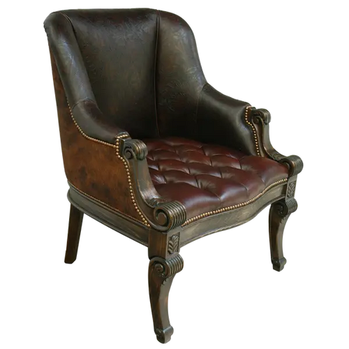 The La Antigua Chair combines full-grain leathers, tufted seating, and hand-carved wood details with a cowhide back. Elegant, durable, and 100% customizable — a striking blend of Western artistry and timeless comfort.