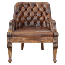 Load image into Gallery viewer, The La Antigua 6 Chair features hand-carved scroll details, tufted full-grain leather, and a sturdy wood frame. Precision hand-tacked upholstery and customizable finishes define this handcrafted Western-style accent chair.