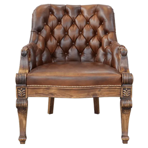 The La Antigua 6 Chair features hand-carved scroll details, tufted full-grain leather, and a sturdy wood frame. Precision hand-tacked upholstery and customizable finishes define this handcrafted Western-style accent chair.