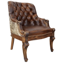 Load image into Gallery viewer, The La Antigua 6 Chair features hand-carved scroll details, tufted full-grain leather, and a sturdy wood frame. Precision hand-tacked upholstery and customizable finishes define this handcrafted Western-style accent chair.