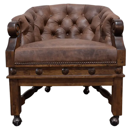 The Elegante Poker 16 Chair combines deep-tufted full-grain leather, hand-carved wood, and rolling casters for luxury and comfort. A timeless handcrafted Western chair, customizable to your taste and built for lasting sophistication.