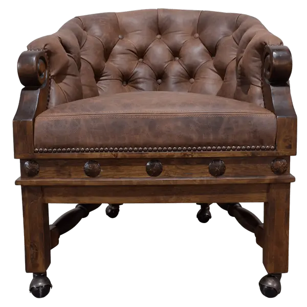 The Elegante Poker 16 Chair combines deep-tufted full-grain leather, hand-carved wood, and rolling casters for luxury and comfort. A timeless handcrafted Western chair, customizable to your taste and built for lasting sophistication.