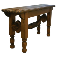 Load image into Gallery viewer, Add authentic Western character to your space with the Frontier Longhorn Rope Console Table, featuring hand carved longhorn steer horns, twist rope detailing, and sustainable solid wood craftsmanship. Perfect for ranch, cabin, lodge, or Western luxury homes. 100% customizable.