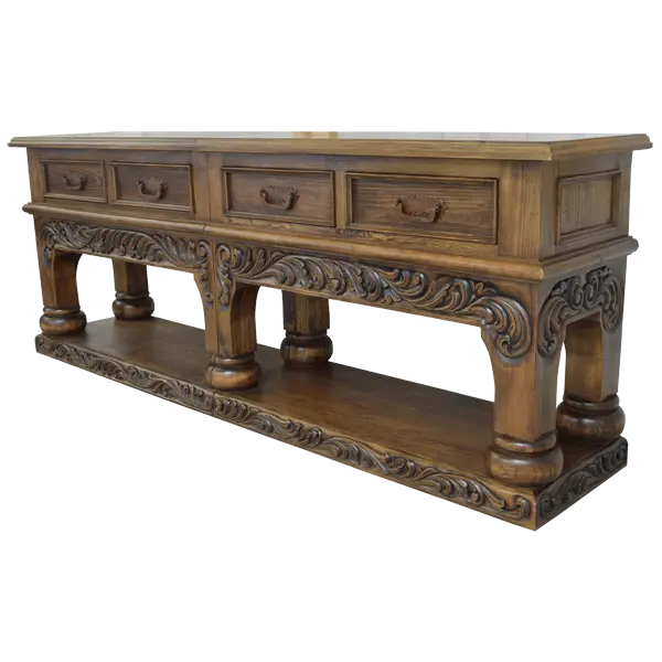 Handcrafted Spanish colonial console with baroque floral scroll carvings, forged iron handles, 4 drawers, platform base & antique finish. Customize your luxury Western décor piece.
