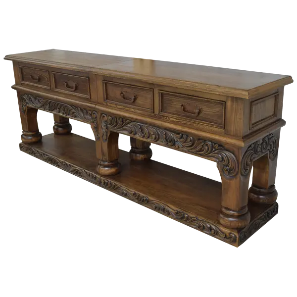 Handcrafted Spanish colonial console with baroque floral scroll carvings, forged iron handles, 4 drawers, platform base & antique finish. Customize your luxury Western décor piece.