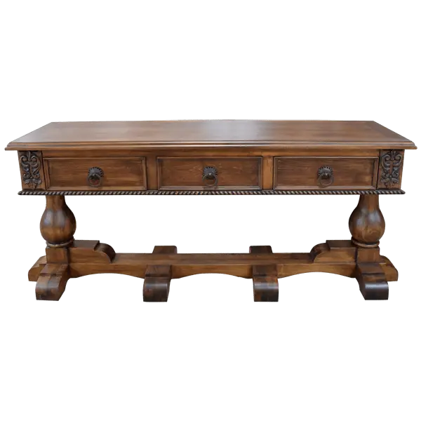 Handcrafted Spanish colonial console with carved scrollwork, twist rope details, forged iron pulls, turned pedestals, and customizable solid wood construction.