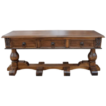 Load image into Gallery viewer, Handcrafted Spanish colonial console with carved scrollwork, twist rope details, forged iron pulls, turned pedestals, and customizable solid wood construction.