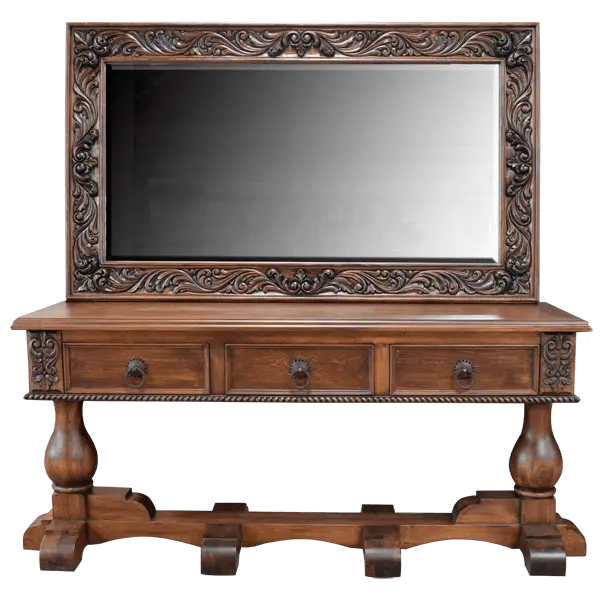 Handcrafted Spanish colonial console with carved scrollwork, twist rope details, forged iron pulls, turned pedestals, and customizable solid wood construction.