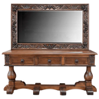 Handcrafted Spanish colonial console with carved scrollwork, twist rope details, forged iron pulls, turned pedestals, and customizable solid wood construction.