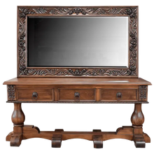 Load image into Gallery viewer, Handcrafted Spanish colonial console with carved scrollwork, twist rope details, forged iron pulls, turned pedestals, and customizable solid wood construction.