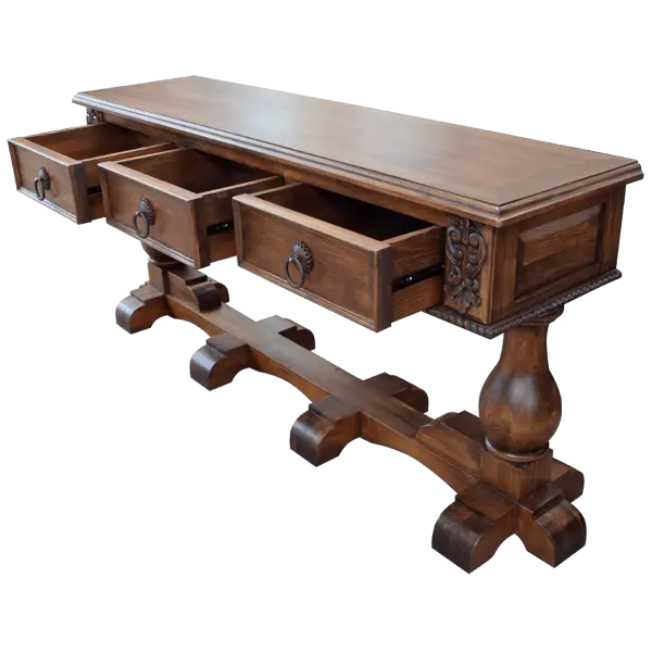 Handcrafted Spanish colonial console with carved scrollwork, twist rope details, forged iron pulls, turned pedestals, and customizable solid wood construction.