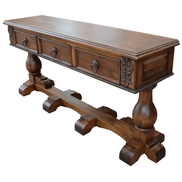 Handcrafted Spanish colonial console with carved scrollwork, twist rope details, forged iron pulls, turned pedestals, and customizable solid wood construction.