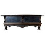 Handcrafted executive desk with crocodile-embossed leather panels, twisted rope molding, and solid wood base. The Puro Rancho Desk embodies Western luxury and artisanal craftsmanship.