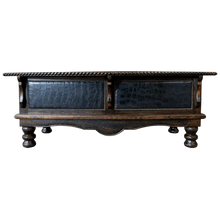 Load image into Gallery viewer, Handcrafted executive desk with crocodile-embossed leather panels, twisted rope molding, and solid wood base. The Puro Rancho Desk embodies Western luxury and artisanal craftsmanship.
