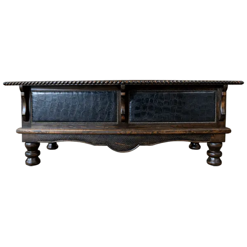 Handcrafted executive desk with crocodile-embossed leather panels, twisted rope molding, and solid wood base. The Puro Rancho Desk embodies Western luxury and artisanal craftsmanship.