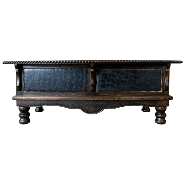Handcrafted executive desk with crocodile-embossed leather panels, twisted rope molding, and solid wood base. The Puro Rancho Desk embodies Western luxury and artisanal craftsmanship.