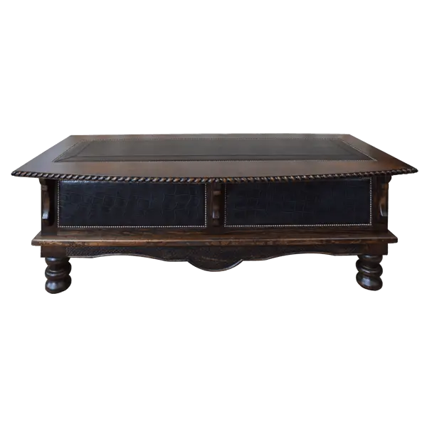 Handcrafted executive desk with crocodile-embossed leather panels, twisted rope molding, and solid wood base. The Puro Rancho Desk embodies Western luxury and artisanal craftsmanship.