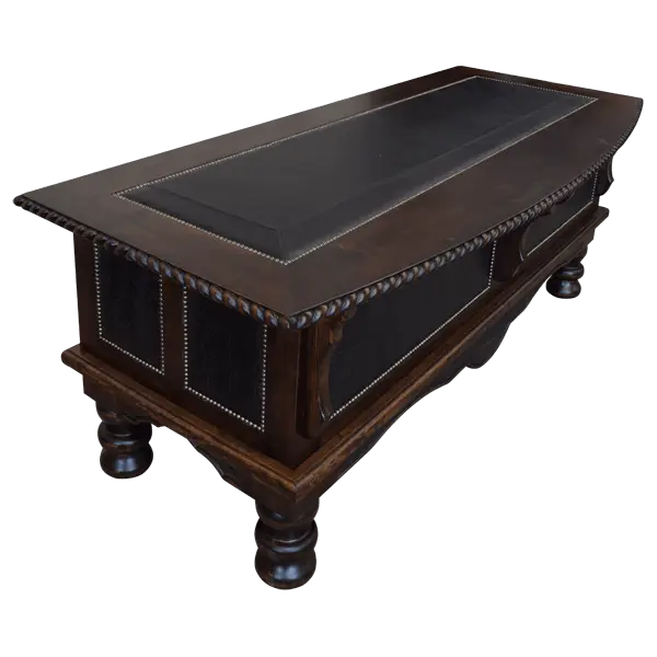 Handcrafted executive desk with crocodile-embossed leather panels, twisted rope molding, and solid wood base. The Puro Rancho Desk embodies Western luxury and artisanal craftsmanship.