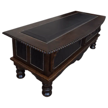 Load image into Gallery viewer, Handcrafted executive desk with crocodile-embossed leather panels, twisted rope molding, and solid wood base. The Puro Rancho Desk embodies Western luxury and artisanal craftsmanship.