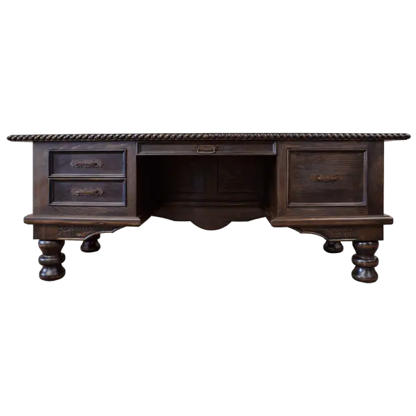 Handcrafted executive desk with crocodile-embossed leather panels, twisted rope molding, and solid wood base. The Puro Rancho Desk embodies Western luxury and artisanal craftsmanship.