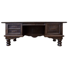 Load image into Gallery viewer, Handcrafted executive desk with crocodile-embossed leather panels, twisted rope molding, and solid wood base. The Puro Rancho Desk embodies Western luxury and artisanal craftsmanship.