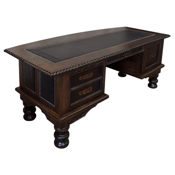 Handcrafted executive desk with crocodile-embossed leather panels, twisted rope molding, and solid wood base. The Puro Rancho Desk embodies Western luxury and artisanal craftsmanship.