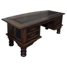 Load image into Gallery viewer, Handcrafted executive desk with crocodile-embossed leather panels, twisted rope molding, and solid wood base. The Puro Rancho Desk embodies Western luxury and artisanal craftsmanship.