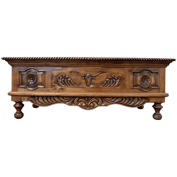 Hand-carved Western executive desk with longhorn motif, tooled leather inlay, and twisted rope detail. The San Benito Desk blends craftsmanship, heritage, and refined Western design.