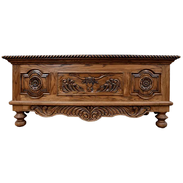 Hand-carved Western executive desk with longhorn motif, floral details, and multiple drawers. The San Benito 2 Desk combines craftsmanship, storage, and timeless Western elegance.