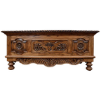 Hand-carved Western executive desk with longhorn motif, floral details, and multiple drawers. The San Benito 2 Desk combines craftsmanship, storage, and timeless Western elegance.