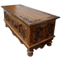 Hand-carved Western executive desk with longhorn motif, floral details, and multiple drawers. The San Benito 2 Desk combines craftsmanship, storage, and timeless Western elegance.