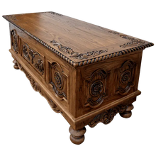 Load image into Gallery viewer, Hand-carved Western executive desk with longhorn motif, floral details, and multiple drawers. The San Benito 2 Desk combines craftsmanship, storage, and timeless Western elegance.