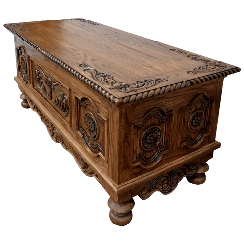 Hand-carved Western executive desk with longhorn motif, floral details, and multiple drawers. The San Benito 2 Desk combines craftsmanship, storage, and timeless Western elegance.
