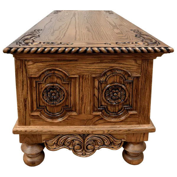 Hand-carved Western executive desk with longhorn motif, floral details, and multiple drawers. The San Benito 2 Desk combines craftsmanship, storage, and timeless Western elegance.