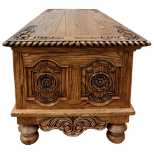 Load image into Gallery viewer, Hand-carved Western executive desk with longhorn motif, floral details, and multiple drawers. The San Benito 2 Desk combines craftsmanship, storage, and timeless Western elegance.