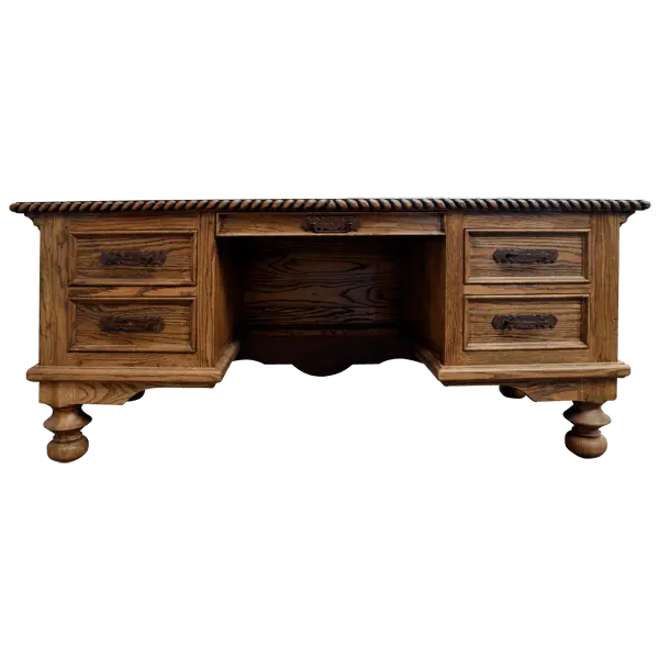 Hand-carved Western executive desk with longhorn motif, floral details, and multiple drawers. The San Benito 2 Desk combines craftsmanship, storage, and timeless Western elegance.