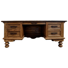 Load image into Gallery viewer, Hand-carved Western executive desk with longhorn motif, floral details, and multiple drawers. The San Benito 2 Desk combines craftsmanship, storage, and timeless Western elegance.