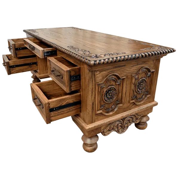 Hand-carved Western executive desk with longhorn motif, floral details, and multiple drawers. The San Benito 2 Desk combines craftsmanship, storage, and timeless Western elegance.