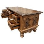 Hand-carved Western executive desk with longhorn motif, floral details, and multiple drawers. The San Benito 2 Desk combines craftsmanship, storage, and timeless Western elegance.