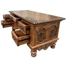 Load image into Gallery viewer, Hand-carved Western executive desk with longhorn motif, floral details, and multiple drawers. The San Benito 2 Desk combines craftsmanship, storage, and timeless Western elegance.
