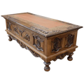 Hand-carved Western executive desk with longhorn motif, tooled leather inlay, and twisted rope detail. The San Benito Desk blends craftsmanship, heritage, and refined Western design.