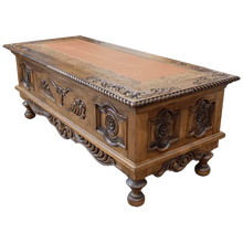 Load image into Gallery viewer, Hand-carved Western executive desk with longhorn motif, tooled leather inlay, and twisted rope detail. The San Benito Desk blends craftsmanship, heritage, and refined Western design.