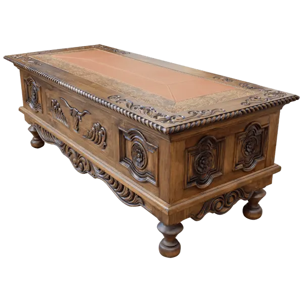 Hand-carved Western executive desk with longhorn motif, tooled leather inlay, and twisted rope detail. The San Benito Desk blends craftsmanship, heritage, and refined Western design.