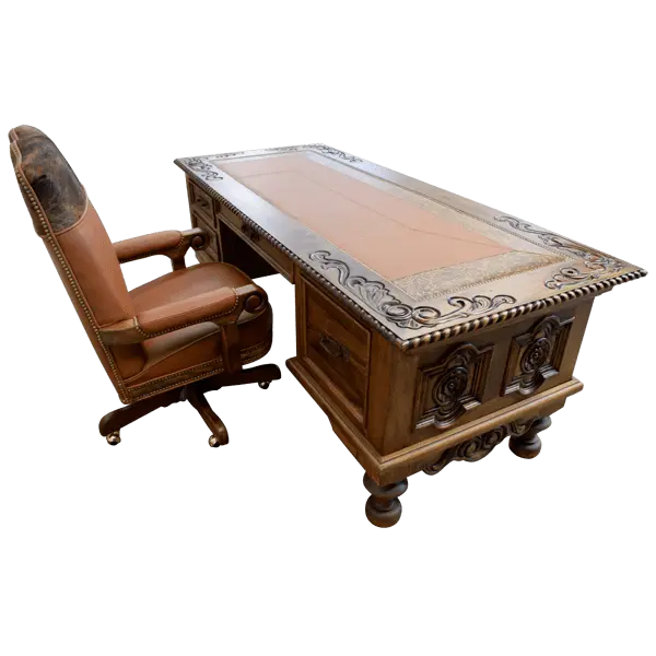 Hand-carved Western executive desk with longhorn motif, tooled leather inlay, and twisted rope detail. The San Benito Desk blends craftsmanship, heritage, and refined Western design.