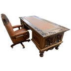 Hand-carved Western executive desk with longhorn motif, tooled leather inlay, and twisted rope detail. The San Benito Desk blends craftsmanship, heritage, and refined Western design.