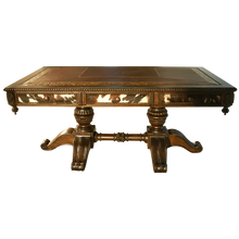 Load image into Gallery viewer, Handcrafted Western executive desk featuring cowhide panels, leather inlay, and hand-carved pedestal base. The Castellano 2 Desk unites bold Western style with refined craftsmanship.
